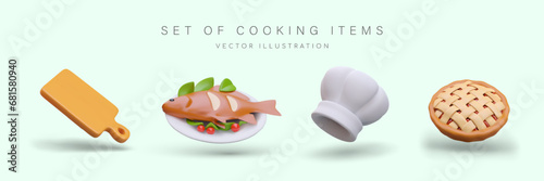 Set of plate with tasty fish, round pie with jam, food cutting board and chef hat. Concept of food cooking and cutting. Vector illustration in 3d style with blue background and place for text