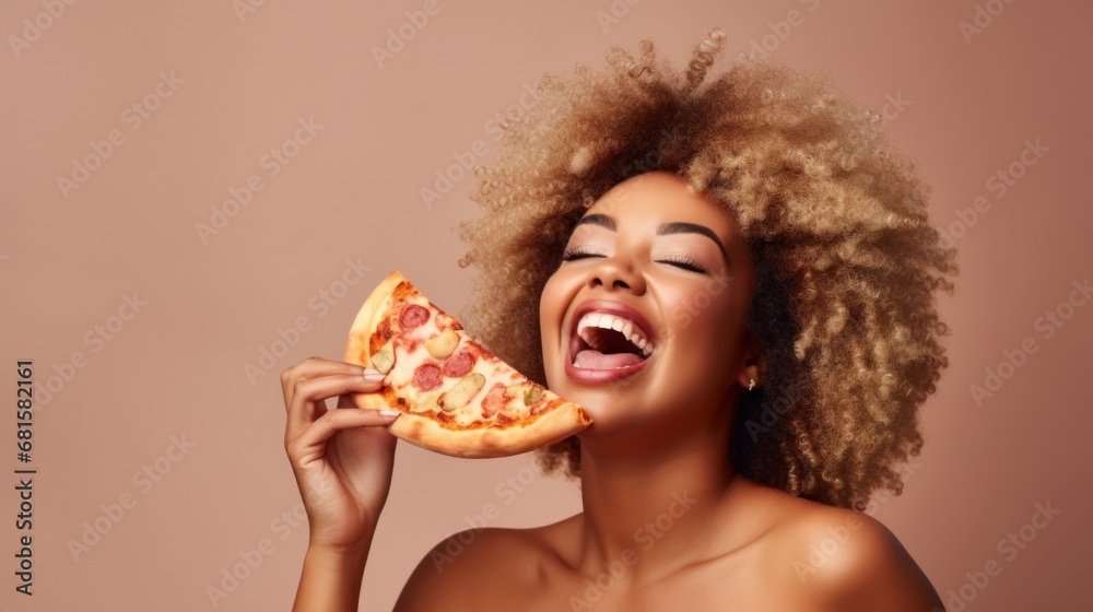 Studio portrait captures the delight of a cheerful afro woman eating pizza. Studio portrait captures the delight of a cheerful afro woman eating pizza.