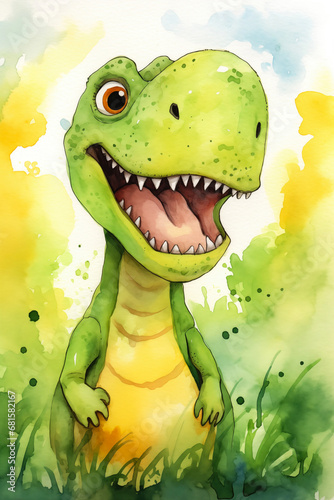 T-rex dinosaur watercolor background. Cute adorable T-rex card © B-design