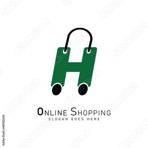 Letter H for Shopping Logo template, ecommerce icon. Alphabet H bag design concept vector logo