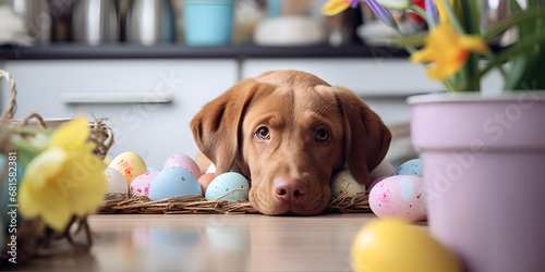 A dog is lying on a kitchen counter with a bowl of apples in the background.Dog golden longhair labrador retriever lies on the floor in the kitchen with tulips of different colors genrative ai 