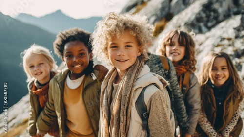 Children bonding while hiking in the vacation hills.