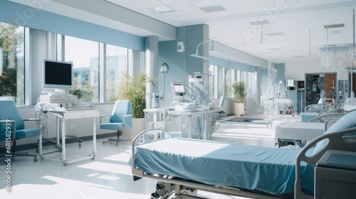 Recovery Room with beds and comfortable medical. Interior of an empty hospital room. Clean and empty room with a bed in the new medical center photo