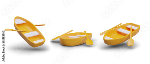 Yellow boat with oars, rowboat. Set of vector images from different sides. Water vehicle. Boat for riding on river, lake. Fishing equipment. Isolated color illustration for web design