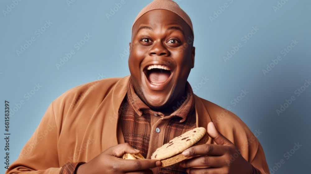 Happy black plus-size man indulging in a tasty chocolate cookie.