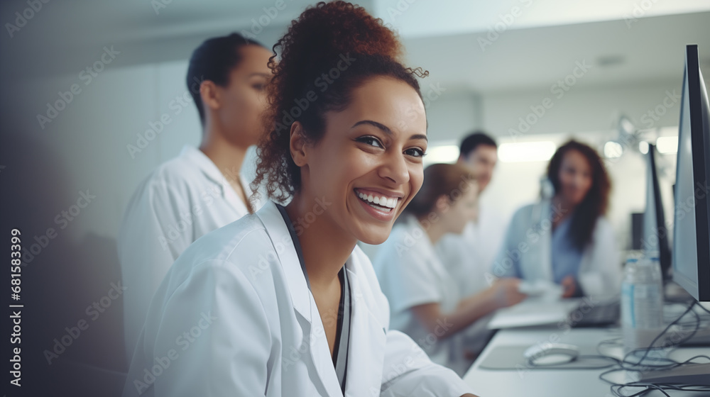 Medical professional working with a team of nurses and  doctors in a health care office