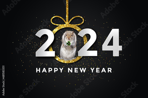 happy new year 2024 with a squirrel, black - gold background.
