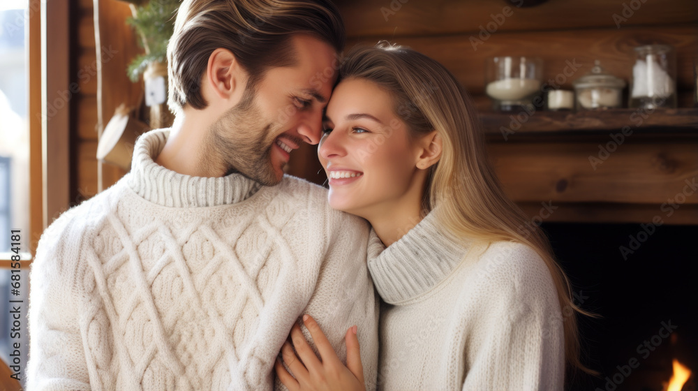 Beautiful couple in white sweaters hugging while sitting in front of the fireplace. Beautiful couple in white sweaters hugging while sitting in front of the fireplace.