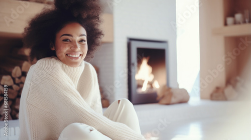 A beautiful African American woman is sitting in a white sweater in front of the fireplace. photo