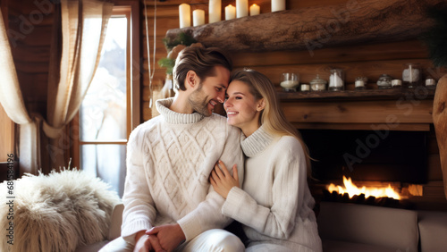Beautiful couple in white sweaters hugging while sitting in front of the fireplace.