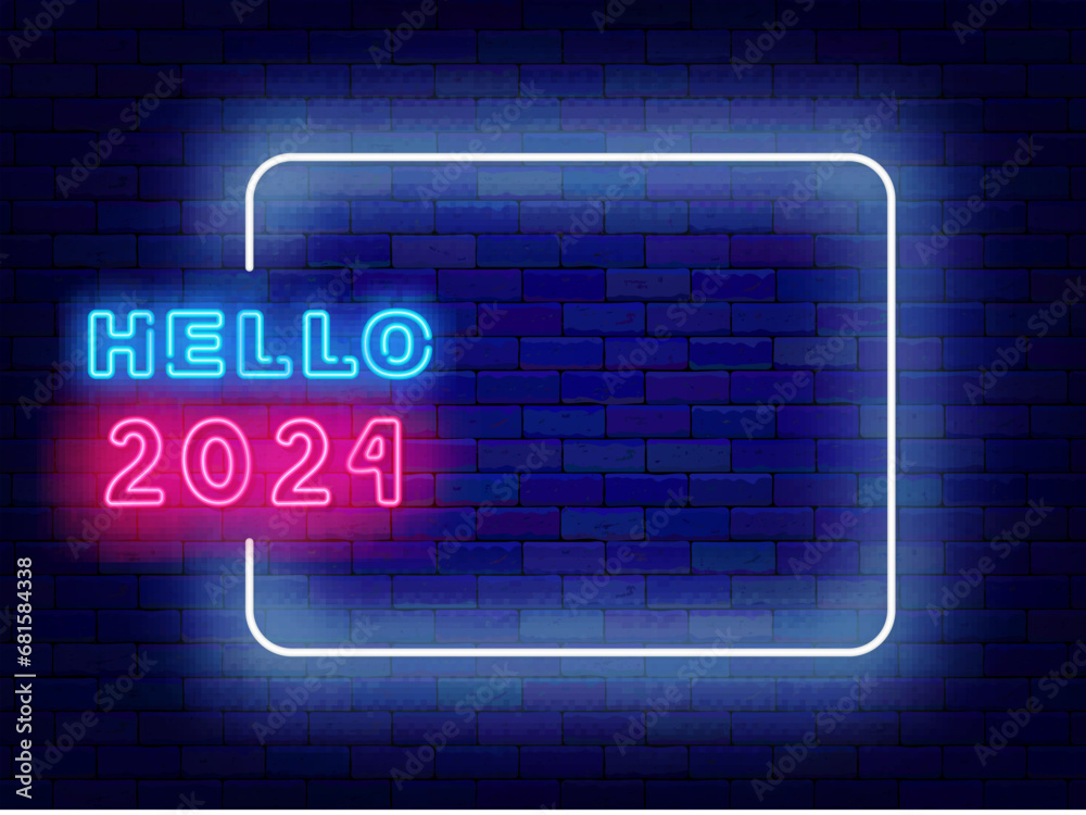 Hello 2024 neon banner. Empty white frame with typography. December holiday. Happy New Year. Vector stock illustration Hello 2024 neon banner. Empty white frame with typography. December holiday. Happy New Year. Vector stock illustration