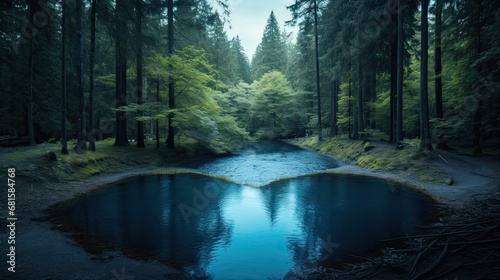 heart-shaped blue lake in the wild forest photo