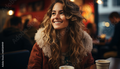 A young woman enjoying a hot drink in the city generated by AI