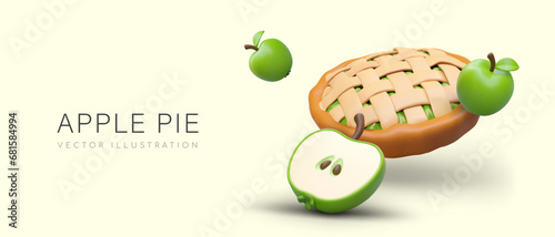 Poster with apple pie on yellow background and place for text. Concept of sweet bakery with fruits. Traditional homemade apple pie, vegan meal. Vector illustration in 3d style