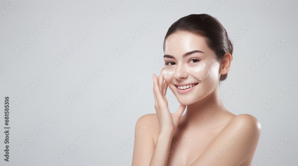 Beautiful young Woman model with clean fresh skin on beige background, Facial care, Cosmetology, beauty and spa, . Close-up of woman with clean skin posing, in studio background. Beautiful young Woman model with clean fresh skin on beige background, Facial care, Cosmetology, beauty and spa, . Close-up of woman with clean skin posing, in studio background.