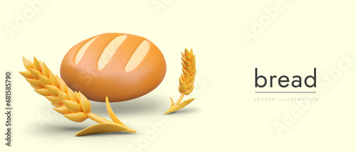 Placard with bread and wheat on yellow background with place for text. Freshly baked bread for sale. Online order concept. Vector illustration, bakery products in 3d style