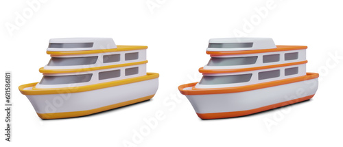 Set of cruise ship liners in different colors. Voyage, maritime adventure. Traveling by sea. Horizontal vector illustration in 3D style on white background
