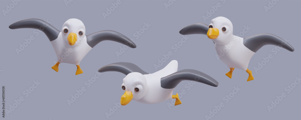 Seagull with black wings, yellow beak and paws in different positions. Seabird flying. Beautiful bird concept. Vector illustration in 3d style on gray background Seagull with black wings, yellow beak and paws in different positions. Seabird flying. Beautiful bird concept. Vector illustration in 3d style on gray background