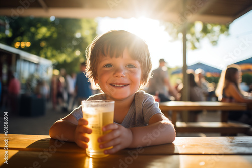cute happy young boy child drinking pint of beer at outdoor bar in sunshine photo