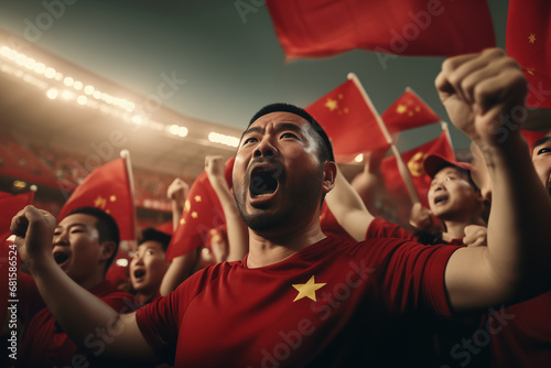 Chinese fans cheering on their team from the stands