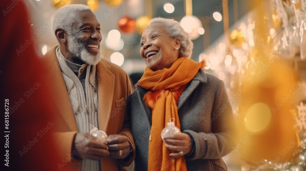 Senior Afro couple explores city streets amid Christmas market delights.