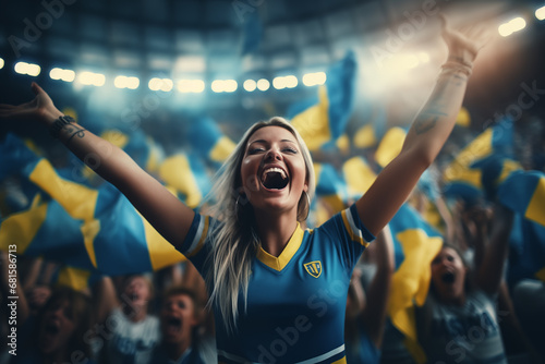 Swedish fans cheering on their team from the stands photo