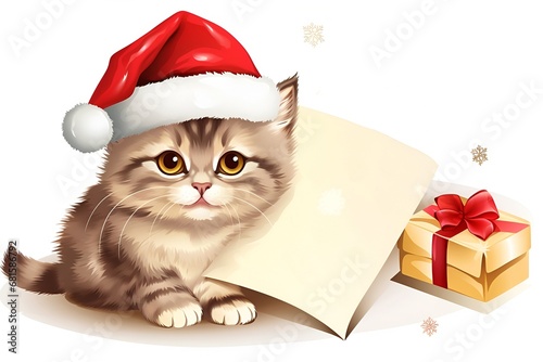 vintage postal christmas greeting card with a cute fluffy cat, copy space.