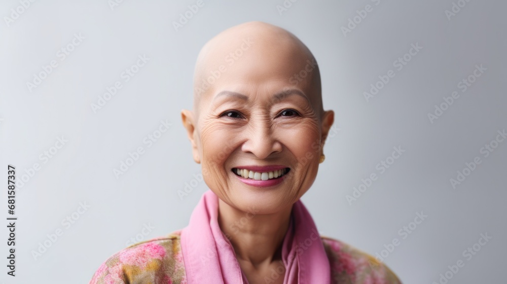 A happy, bald cancer patient in pastel attire poses against a pastel studio backdrop. A happy, bald cancer patient in pastel attire poses against a pastel studio backdrop.