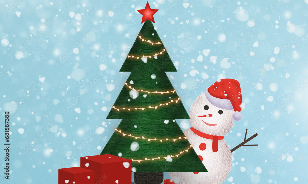 Happy New Year and Merry Christmas. Greeting card, template, Christmas tree, snowman, bear, gifts and santa hat.