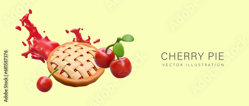 Placard with pie with cherry jam filling, splash of red juice and berry. Concept of product for bakery. Vector illustration in 3d style with place for text