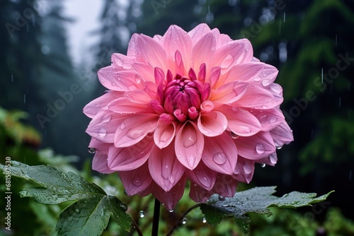  a close up of a pink flower with drops of water on the petals and a forest in the background with raindrops on the petals and the top of the petals.