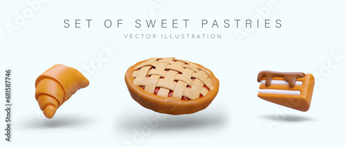 Set of sweet pastries on gray background. Tasty sweet croissant, pie with jam filling and chocolate cake. Poster for store selling bakery. Vector illustration in 3d style