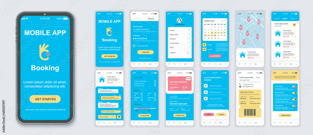 Booking mobile app interface screens template set. Account login, calendar, map locations, searching hotel room, flight ticket order. Pack of UI, UX, GUI kit for application web layout. Vector design. - obrazy, fototapety, plakaty 