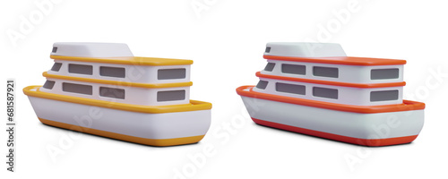 Collection of cruise ship liners in different colors, back view. Maritime adventure, travel on ocean. Vector illustration in 3D style on white background
