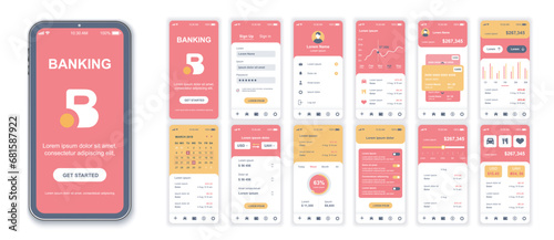 Banking mobile app interface screens template set. Account login, financial statistics, credit card management, calendar, transfers. Pack of UI, UX, GUI kit for application web layout. Vector design.