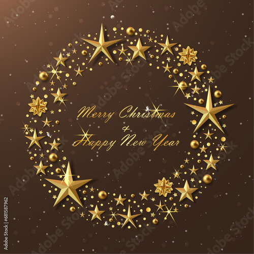 Brown christmas background with gold stars and balls.	