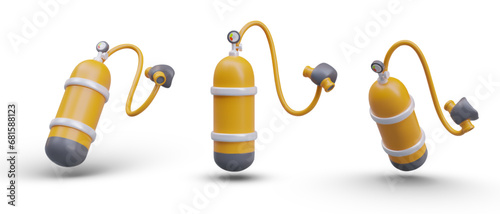 Set of aqualung in black and yellow colors. Equipment for diving concept. Collection of aqualungs in different positions. Vector illustration in 3d style on white background
