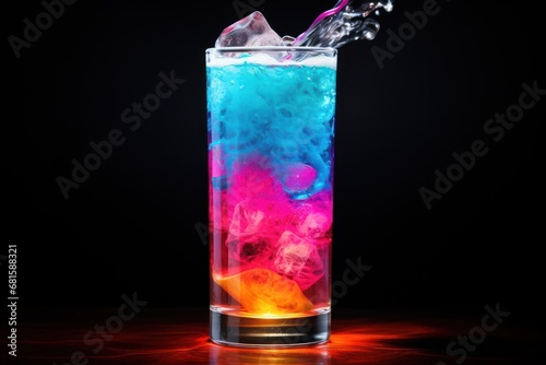  a colorful drink in a tall glass with a splash of liquid coming out of the top of the glass and on the bottom of the glass is a black background.