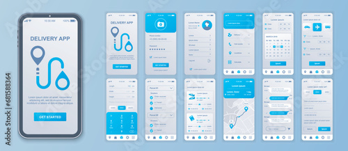 Delivery mobile app interface screens template set. Account login, logistic company services, calendar, parcel calculate, tracking. Pack of UI, UX, GUI kit for application web layout. Vector design.