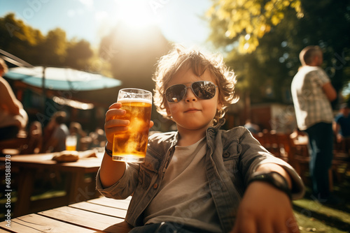young boy child drinking pint of beer at outdoor bar in sunshine wearing sunglasses