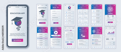 Education mobile app interface screens template set. Account login, study list, physics lesson and test, progress data, calendar. Pack of UI, UX, GUI kit for application web layout. Vector design.
