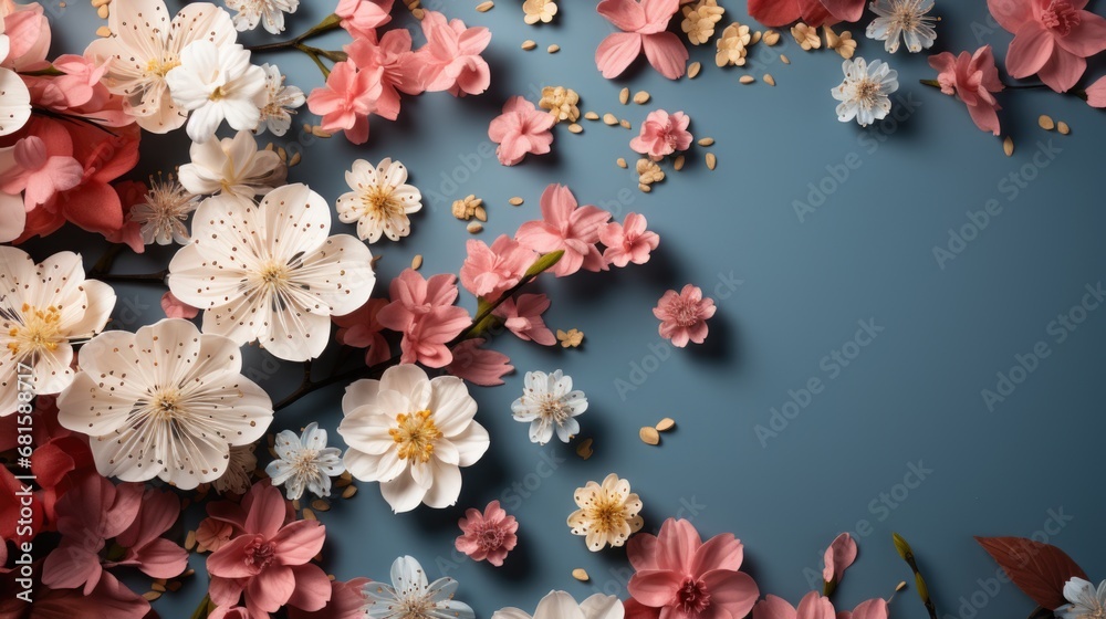 Beautiful floral background with empty space for text. postcard surrounded by cherry blossoms