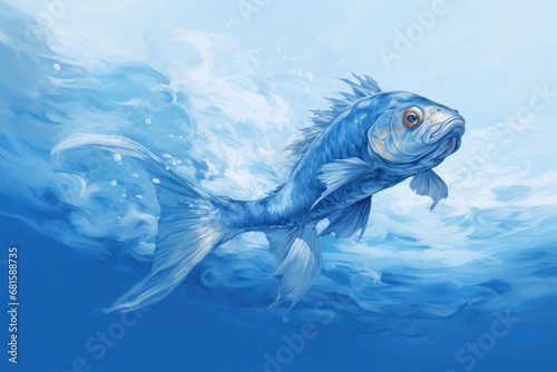  a painting of a fish swimming in a body of water with blue water around it and bubbles coming out of the back of the fish's back end of it's body.