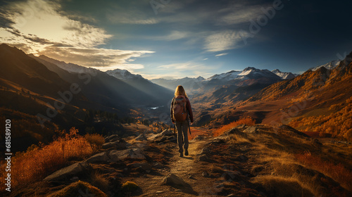 Traveler banner, lady with back pack at a mountain peak and looking at misty mountain range landscape with cloudy sky 
