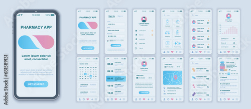 Pharmacy mobile app interface screens template set. Account login, find doctor, appointments on time, medicine shop, pills ordering. Pack of UI, UX, GUI kit for application web layout. Vector design.