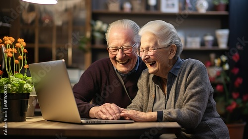 Beautiful caucasian senior couple with eyeglasses browsing together on laptop sitting at home, old retirees people enjoying tech and social