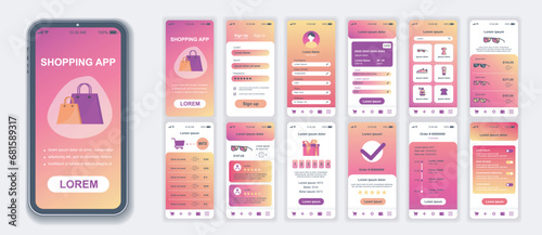 Shopping mobile app interface screens template set. Account login, credit card, assortment shop, goods basket, customer feedback. Pack of UI, UX, GUI kit for application web layout. Vector design.