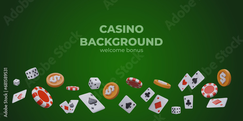 Casino background, welcome bonus. Horizontal green banner with gaming attributes. Playing dice, poker chips, cards. Place for title, inscription, advertising text. Header color template