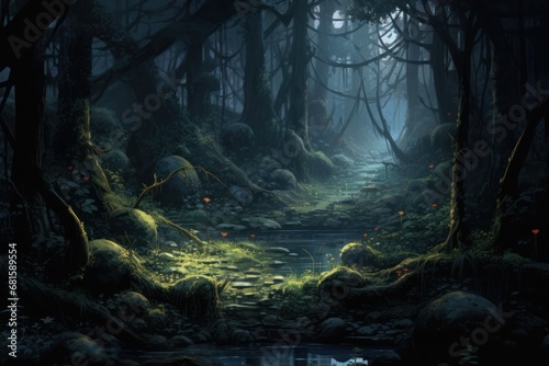  a painting of a dark forest scene with a stream running through the middle of the forest  surrounded by mossy rocks  and glowing lights at the end of the night.