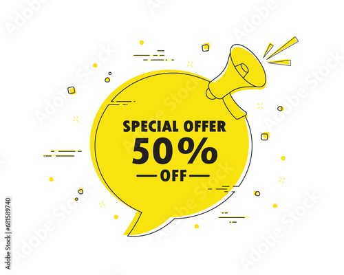 special offer 50% off. Megaphone chat bubble banner alert. Discount offer price sign. Special offer symbol.Discount tag dialog message loudspeaker. Vector illustration